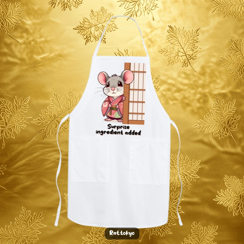 Funny rat in a festive kimono, peeking out with a surprised expression, ready to cook on a kitchen apron.