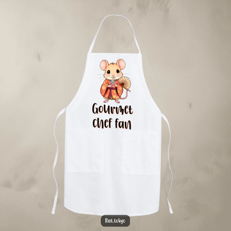 Funny rat wearing a vibrant kimono and holding a fan, ready to cook with style on a kitchen apron.