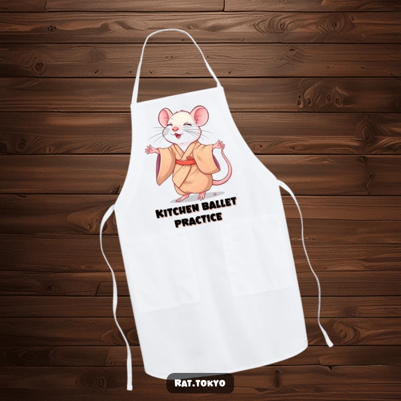Funny rat in a silk kimono gracefully twirling, ready to cook with flair on a kitchen apron.