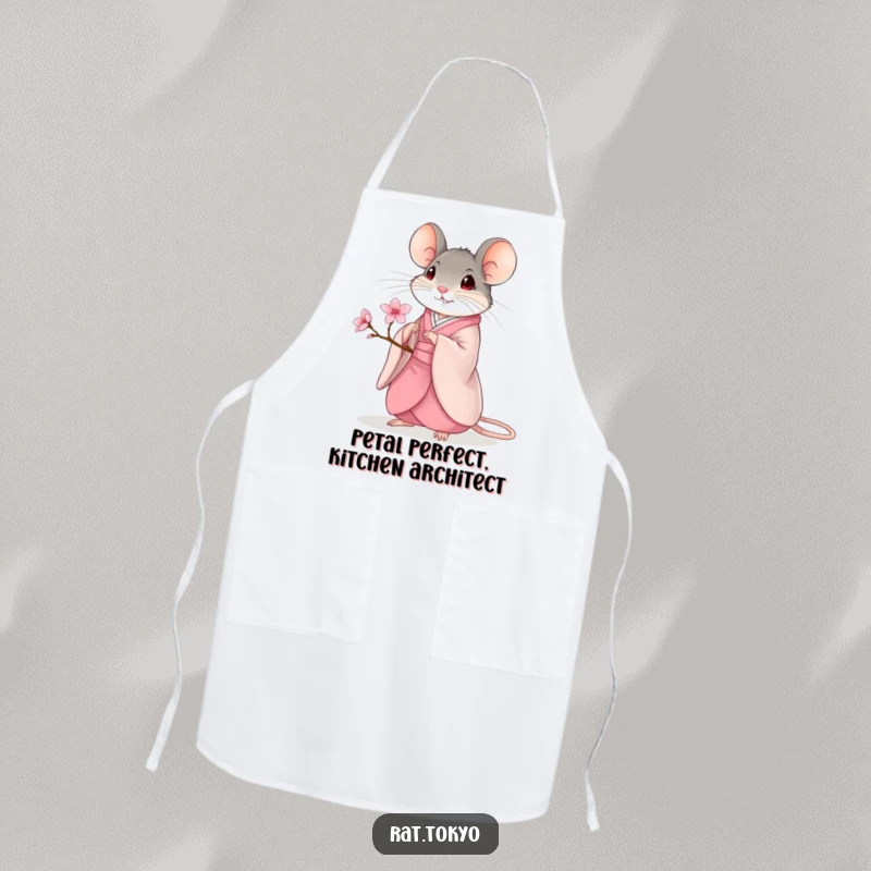 Funny Apron: A rat in an elegant kimono holds a cherry blossom while protecting your clothes with humorous flair.