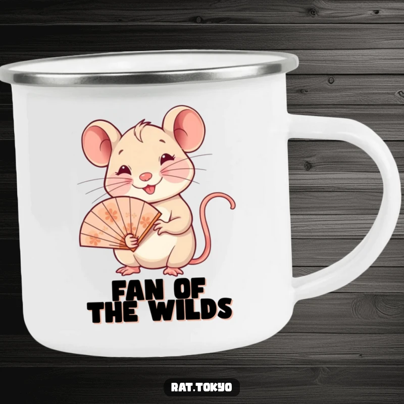 Funny camping mug with a smiling rat holding a delicate ornate fan, designed for adventurous souls who appreciate humor.
