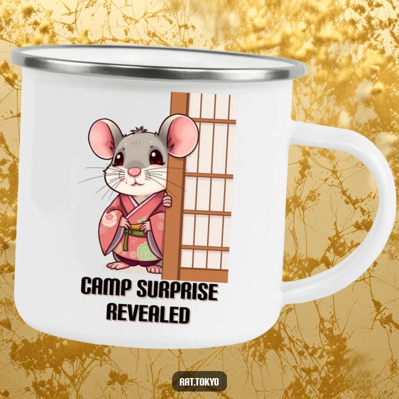 Funny rat in a festive kimono, peeking out with surprise, on a durable camping mug for adventurers.