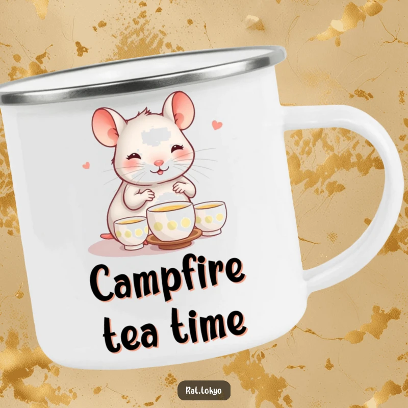 Funny camping mug with a happy rat performing a tea ceremony with tiny cups, designed for serene outdoor moments with humor.