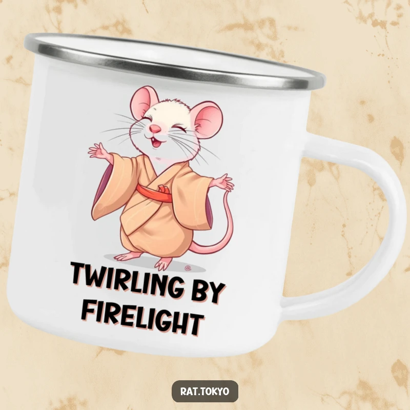 Funny rat in a silk kimono gracefully twirling, ready for adventure on a durable camping mug.