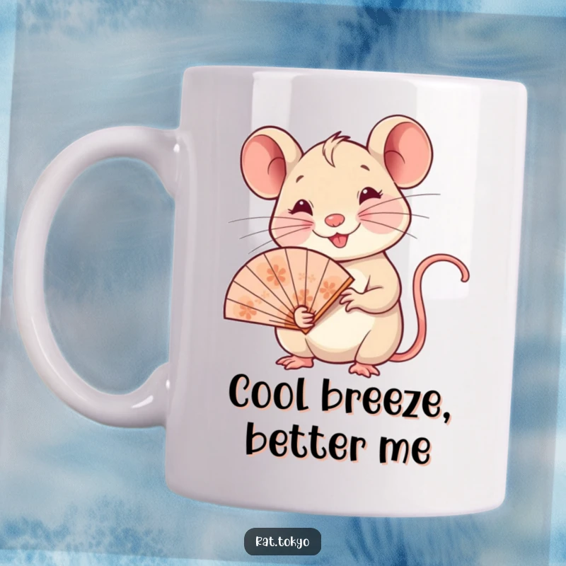 Funny mug featuring a smiling rat elegantly holding a delicate fan with beautiful ornate patterns, radiating joy and class.