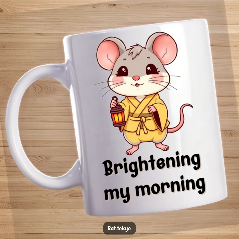 Funny mug with a delighted rat in a yellow kimono holding a small lantern, radiating happiness and warmth, a perfect cheerful gift.
