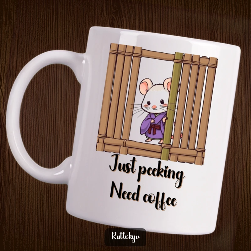 Funny mug showcasing a curious rat in a purple kimono, peeking playfully from behind a traditional bamboo screen, conveying a sense of playful mystery.