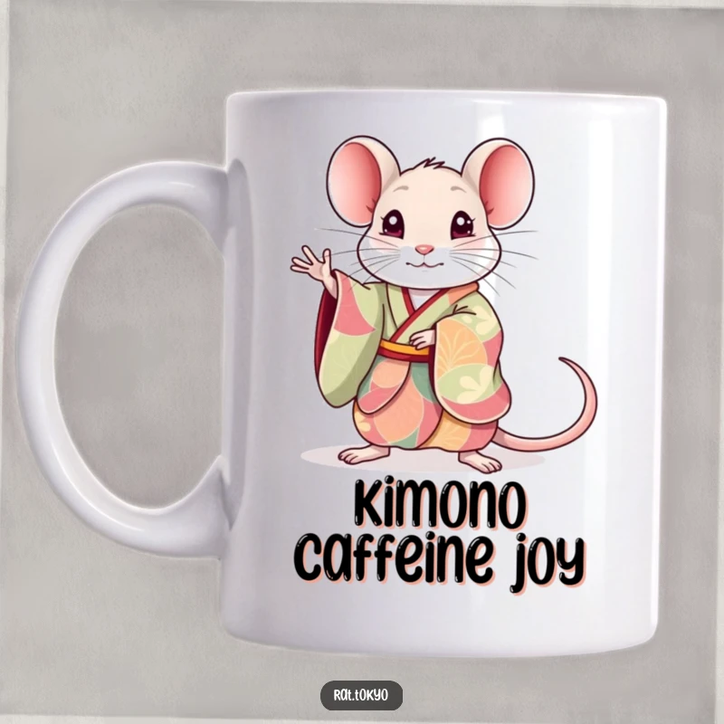 Funny rat mug featuring a cute rat in a colorful kimono, striking a graceful, elegant pose with poise and humor.