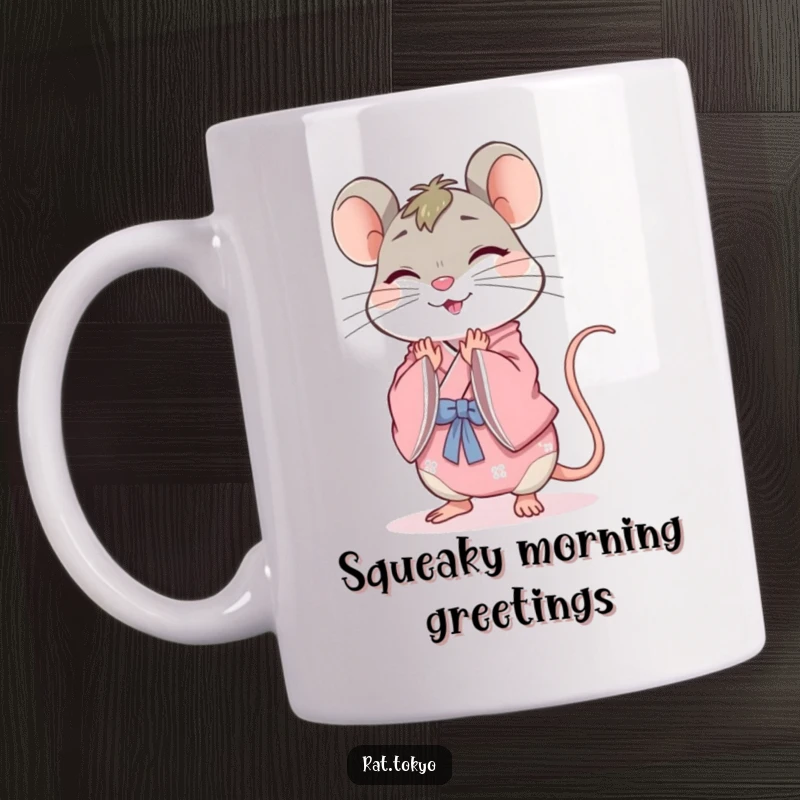 Funny rat mug of a cheerful character in a detailed pink kimono, bowing gracefully, symbolizing politeness and joy.