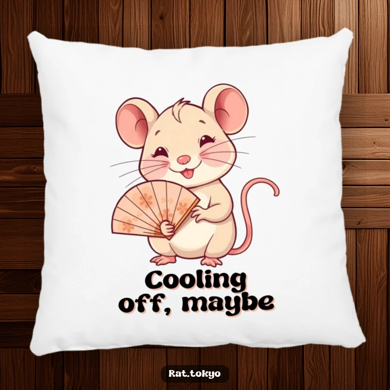 Funny pillow featuring a plush, smiling rat holding a delicate ornate fan, adding comfort and humor to any seating area.