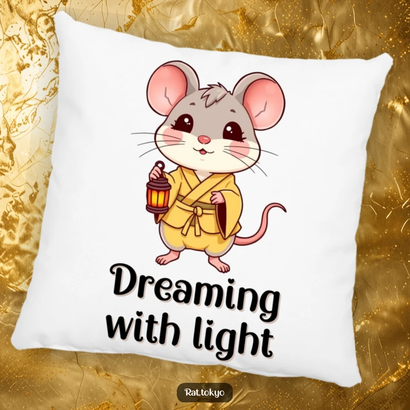 Funny pillow featuring a delighted rat in a yellow kimono holding a small lantern, perfect for adding comfort and cheerful vibes.