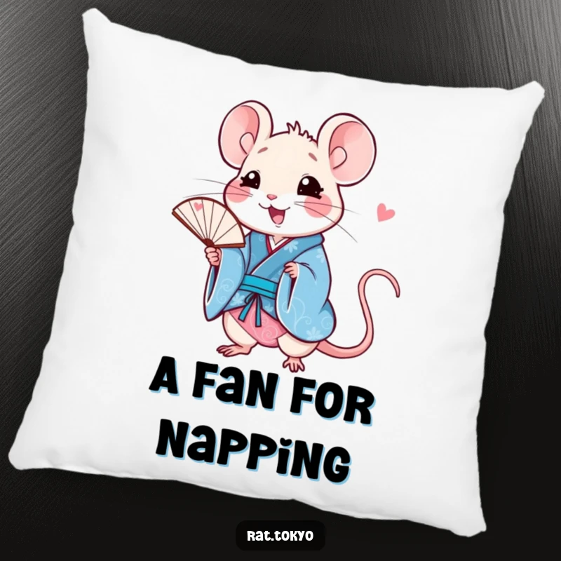 Funny rat pillow with a happy character in a blue kimono, holding a delicate fan, offering comfort and cheerful style.