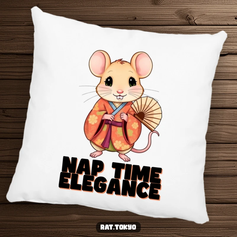 Funny rat in a vibrant kimono holding a fan, adding a touch of curious elegance to a decorative pillow.