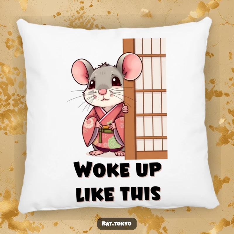 Funny rat in a festive kimono, peeking out with a surprised expression from behind a screen, on a decorative pillow.