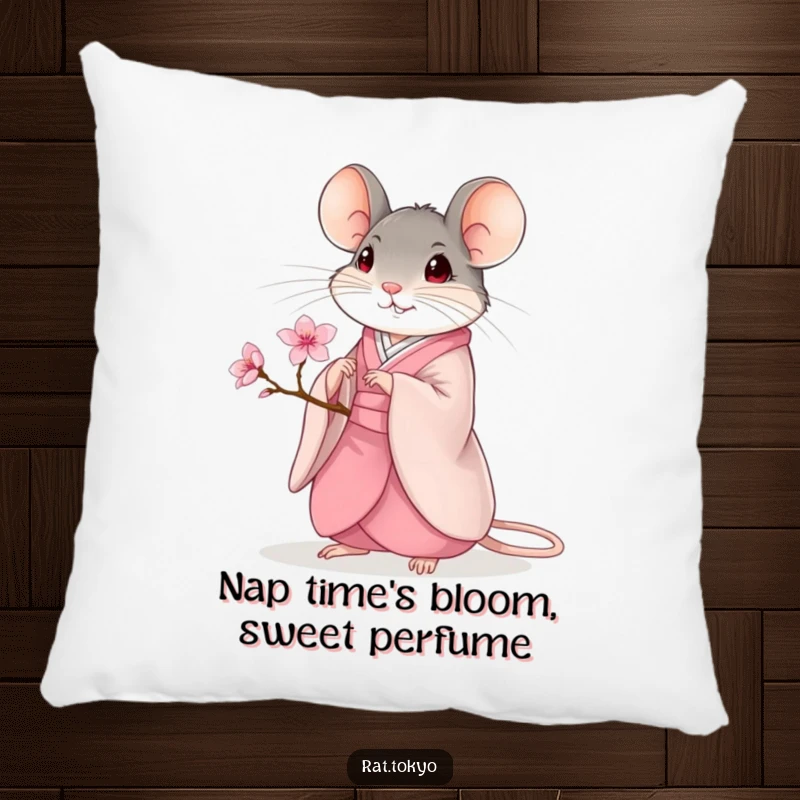 Funny Pillow: A soft pillow featuring a rat in a flowing kimono holding a small cherry blossom, perfect for cozy humor.