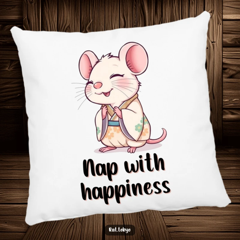 Funny rat in a decorated kimono, bowing slightly with a happy expression, on a soft decorative pillow.