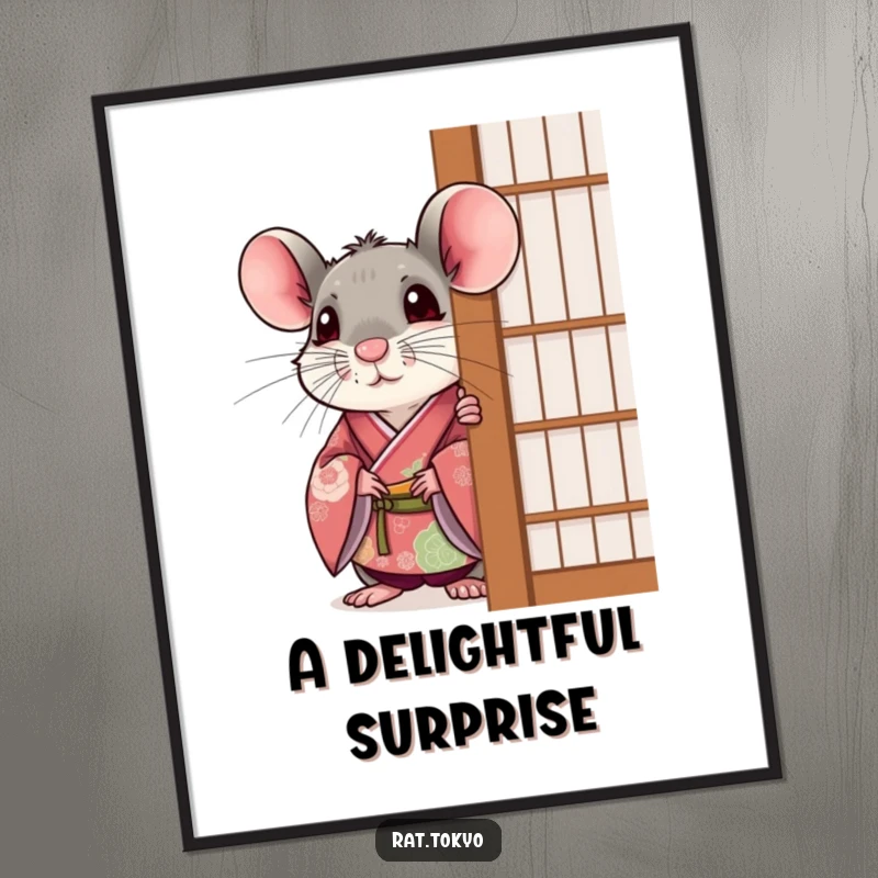 Funny rat in a festive kimono, peeking out with a surprised expression from behind a screen, as digital art.