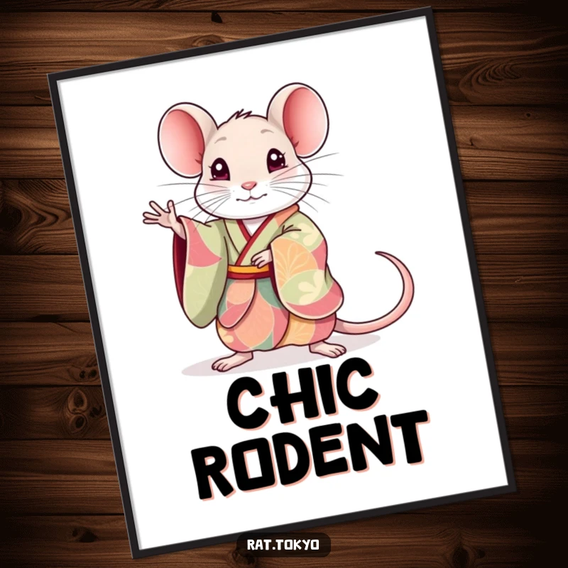 Funny rat digital art print of a cute rat in a colorful kimono, striking an elegant pose, ready for printing and artistic home decor.