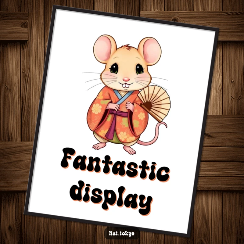 Funny rat in a vibrant kimono holding a delicate fan, rendered as stylish digital art for walls.