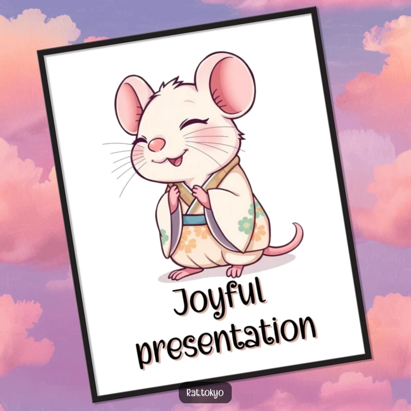 Funny rat in a decorated kimono, bowing slightly with a happy expression, as cheerful digital art.