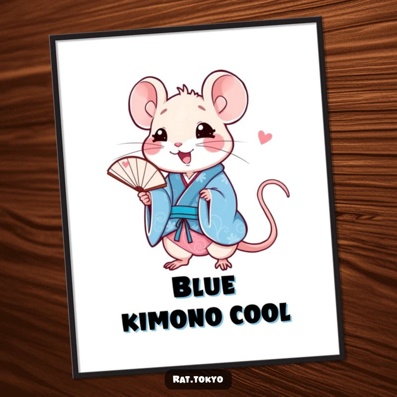 Funny rat digital art print of a happy character in a blue kimono, holding a fan, perfect for adding vibrant and humorous decor.