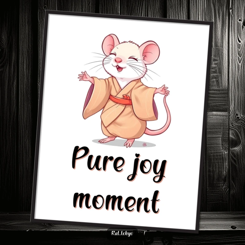 Funny rat in a silk kimono, captured mid-twirl with closed eyes, as elegant digital art.