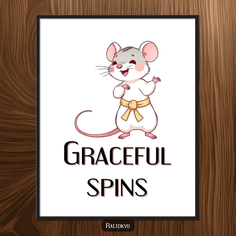 Funny digital art print of a playful rat twirling a long, silken obi, ideal for framing and displaying action-packed humor.