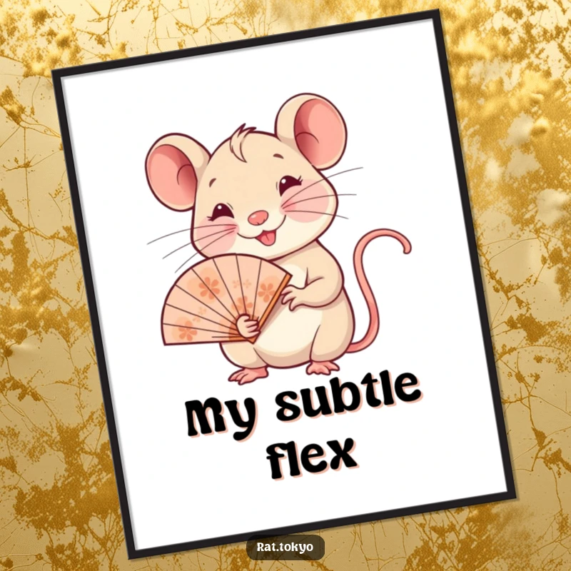 Funny digital art print of a smiling rat holding a delicate, ornate fan, perfect for framing and displaying artistic humor.