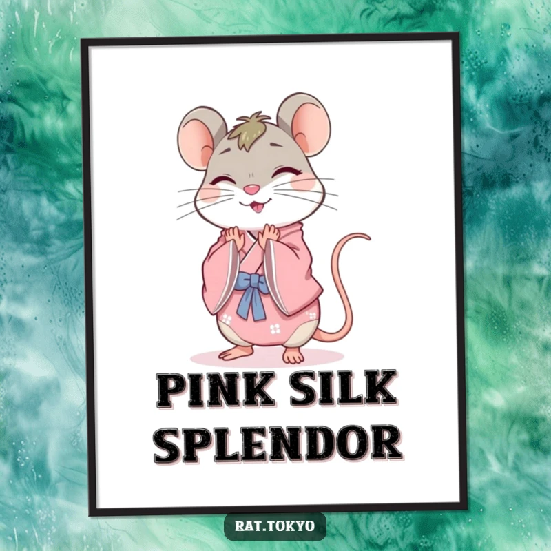 Funny rat digital art print of a cheerful character in a pink kimono, bowing gracefully, perfect for adding elegant and humorous decor.