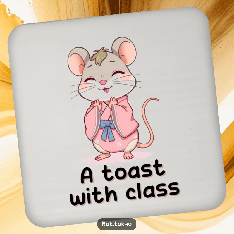 Funny rat coaster with a cheerful character in a pink kimono, bowing gracefully, protecting surfaces with charm and humor.