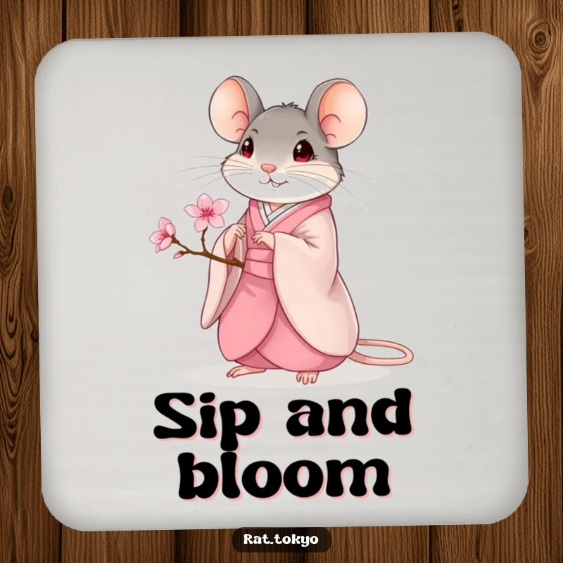 Funny Coaster: A rat in a flowing kimono holds a cherry blossom, protecting your surfaces with artistic humor.