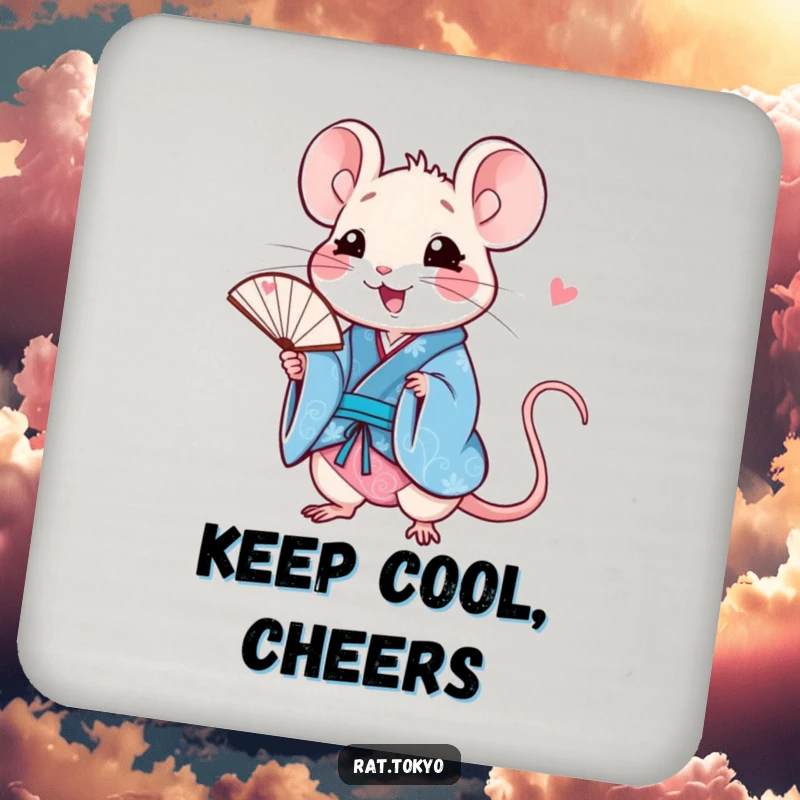 Funny rat coaster with a happy character in a blue kimono, holding a fan, protecting surfaces with charm and humor.