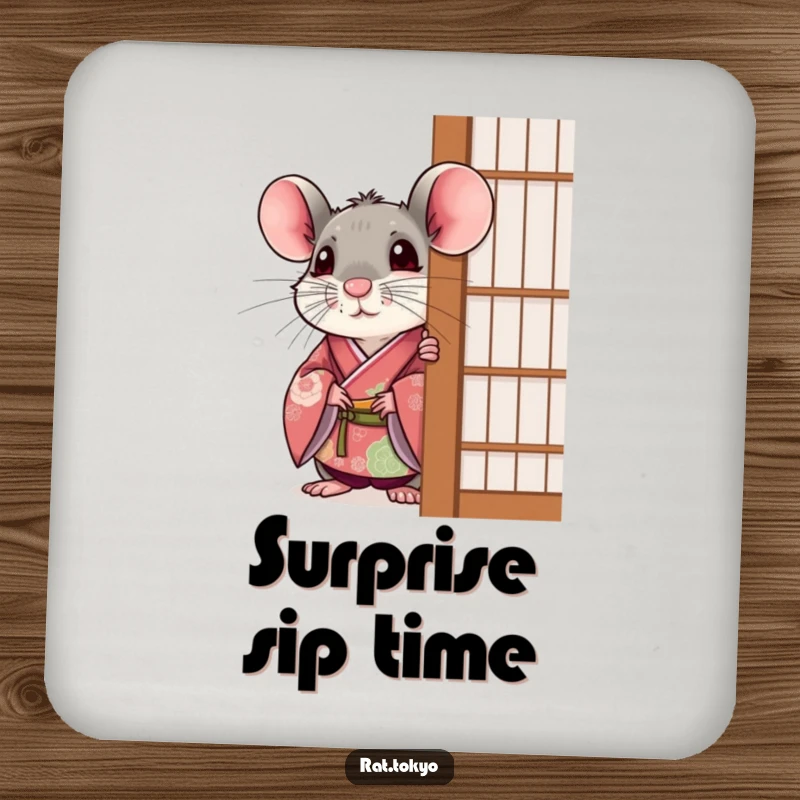 Funny rat in a festive kimono, peeking out with surprise, on a protective drink coaster.