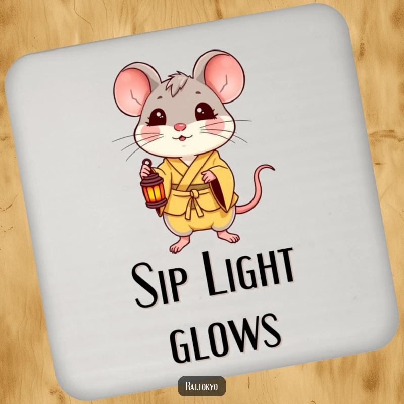 Funny drink coaster with a delighted rat in a yellow kimono holding a small lantern, perfect for adding a cheerful touch to any table.