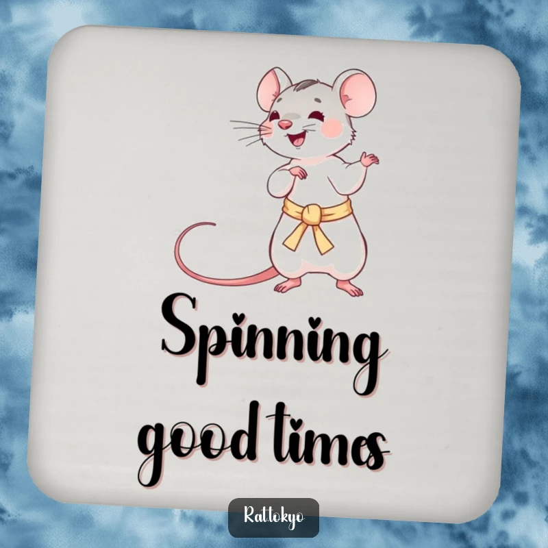 Funny coasters featuring a playful rat twirling a long, silken obi, protecting surfaces with dynamic humor.