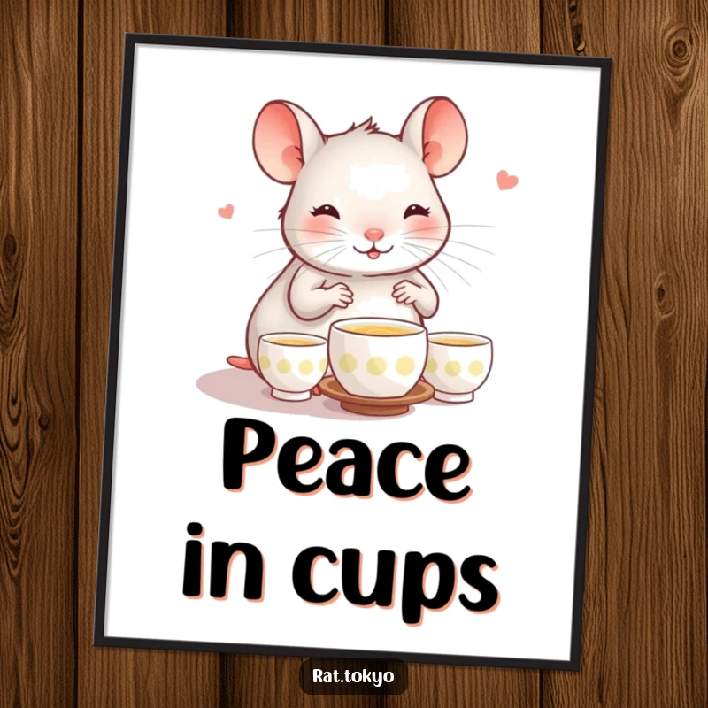 Funny poster art of a happy rat performing a tea ceremony with tiny cups, conveying a sense of calm and gentle humor.