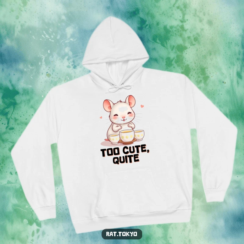 Funny hoodie featuring a happy rat engaged in a tea ceremony with tiny cups, offering warmth and whimsical humor.