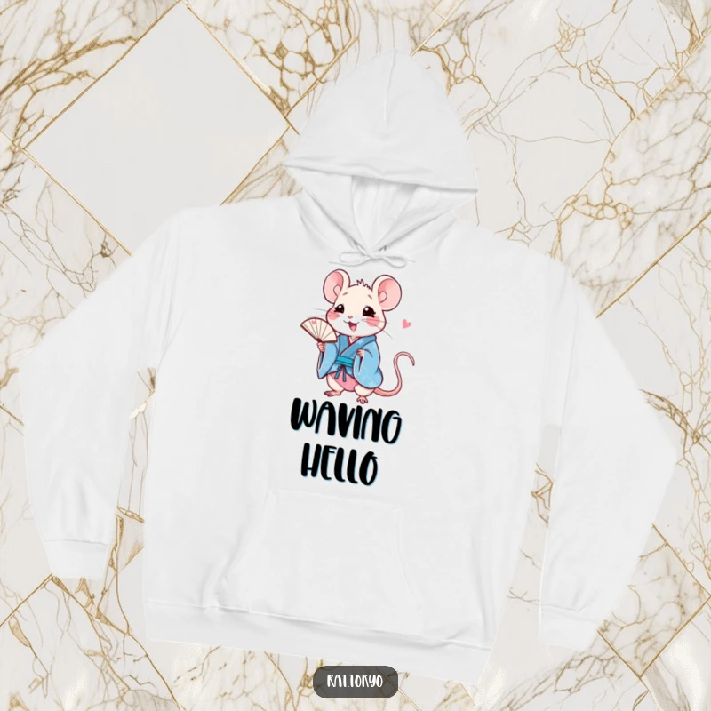 Funny rat hoodie featuring a happy character in a blue kimono, holding a delicate fan, perfect for cozy days filled with joy.