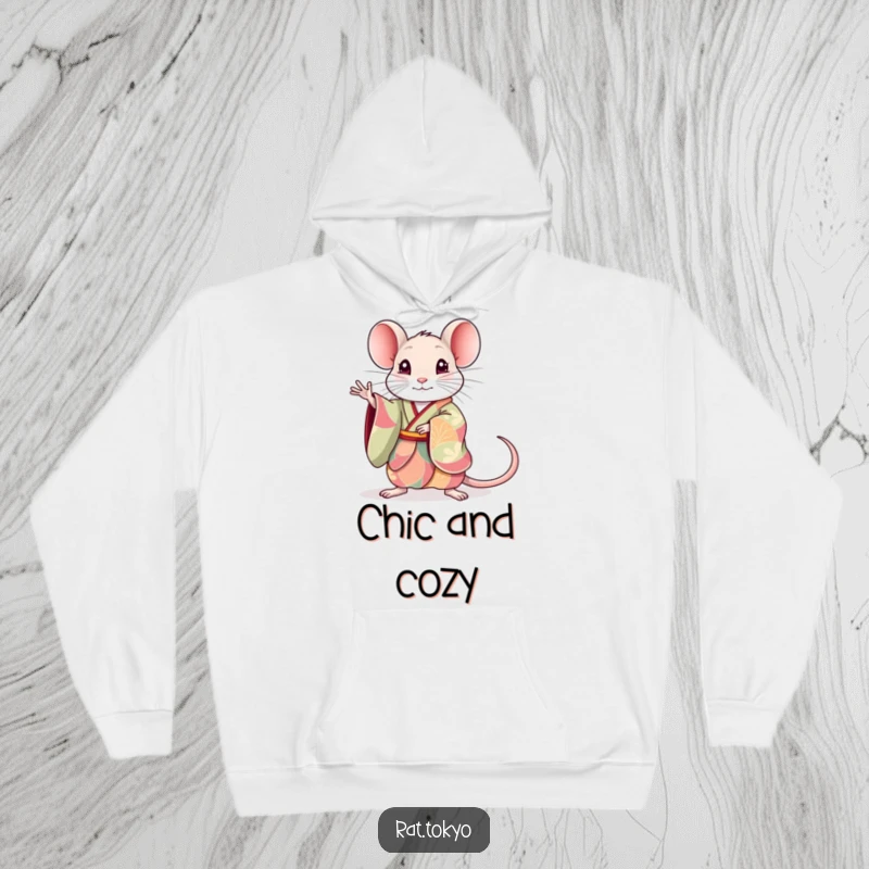 Funny rat hoodie featuring a cute rat in a colorful kimono, striking an elegant pose, offering warmth and artistic humor.