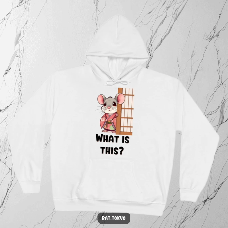 Funny rat in a festive kimono, peeking out with a surprised expression from behind a screen on a hoodie.