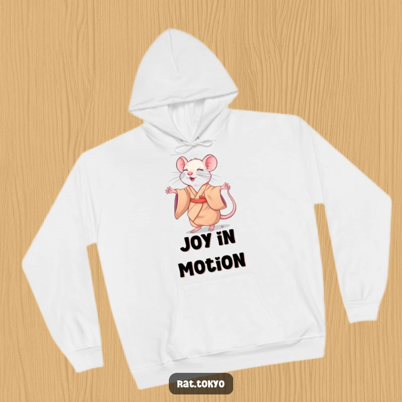 Funny rat in a silk kimono, caught in a graceful twirl with closed eyes, featured on a comfortable hoodie.
