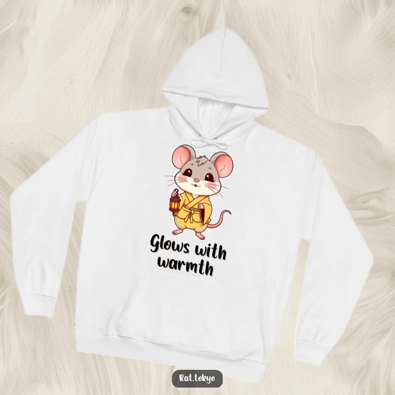 Funny hoodie with a delighted rat in a yellow kimono holding a small lantern, bringing a cozy and cheerful vibe, perfect for gifting.
