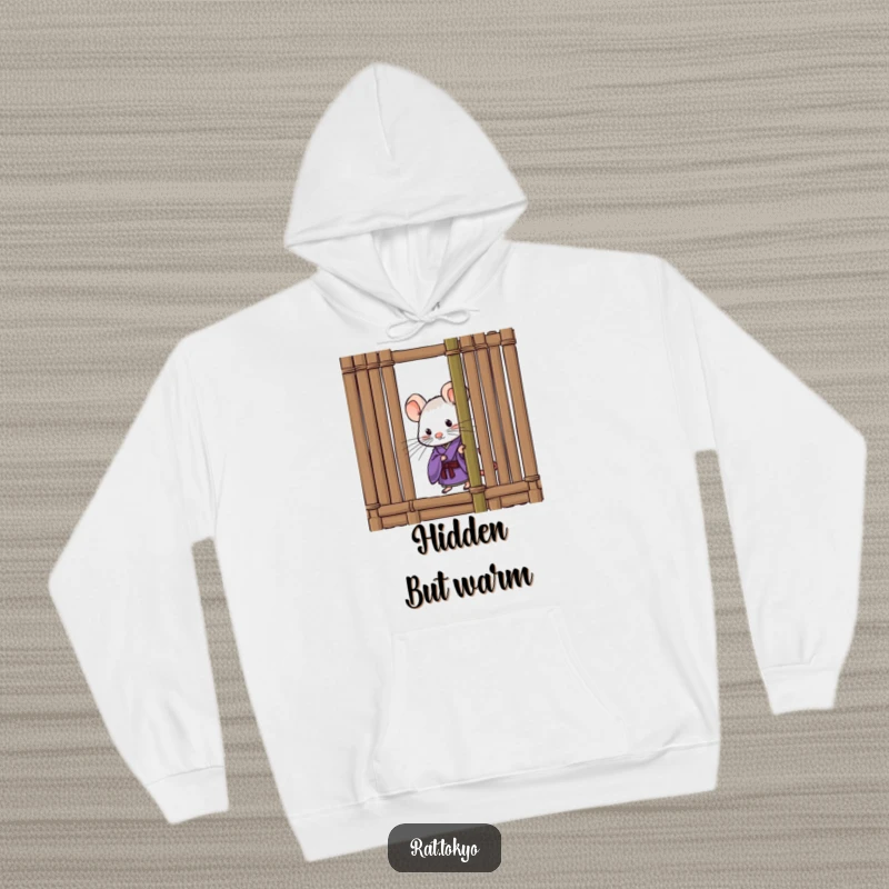 Funny hoodie with a curious rat in a purple kimono, peeking playfully from behind a bamboo screen, offering comfort and a touch of intrigue.
