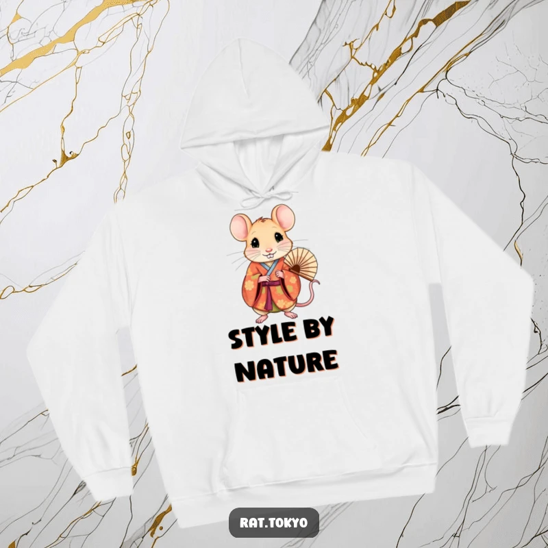 Funny rat in a colorful kimono, holding a fan, embodying curiosity and style on a soft hoodie.