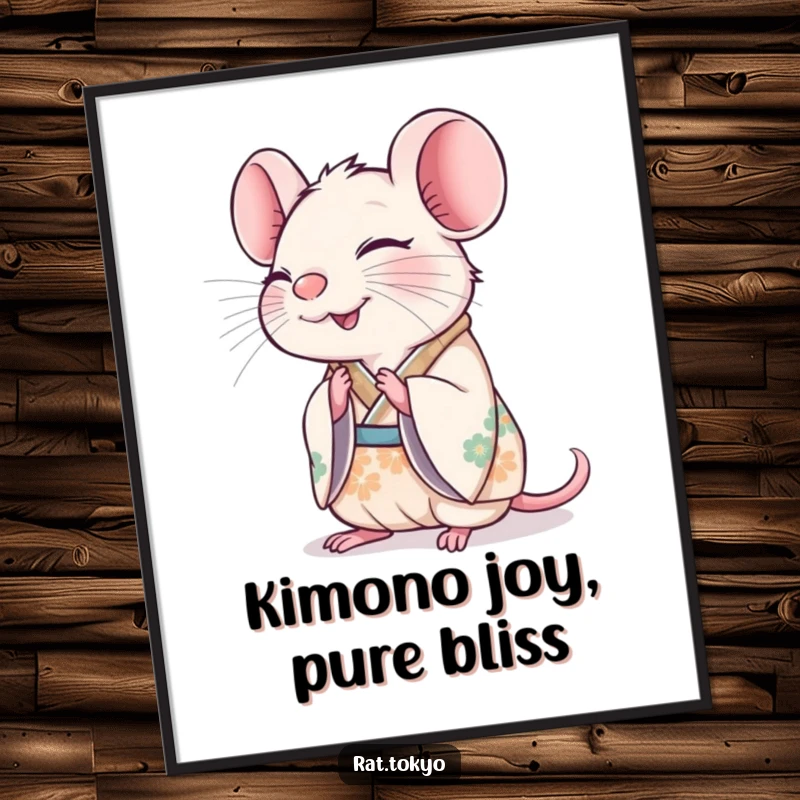 Funny Free Printable Wall Art: A joyful rat in a decorated kimono bows with a beaming smile, adding cheer.