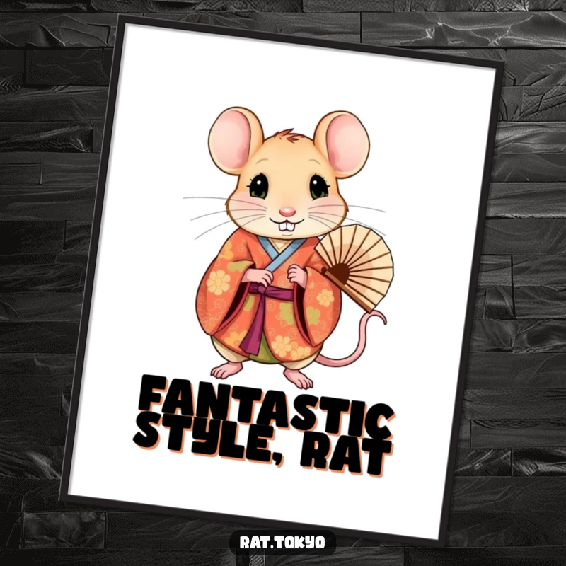 Funny Free Printable Wall Art: A curious rat in a colorful kimono holds a delicate fan, adding charm to any room.