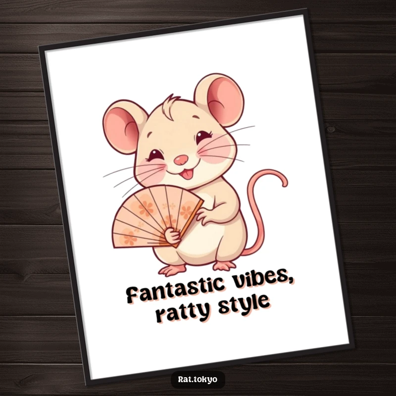 Funny Free Printable Wall Art: A smiling rat holds a beautifully patterned fan, adding a touch of whimsical elegance.