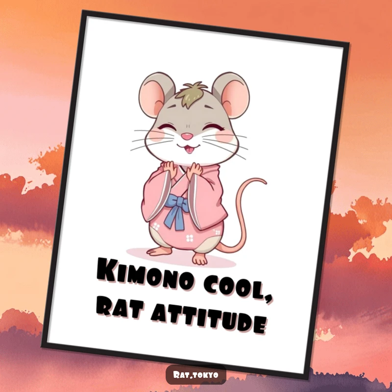 Funny Free Printable Wall Art: Cheerful rat character wearing a detailed pink kimono, bowing politely and gracefully.