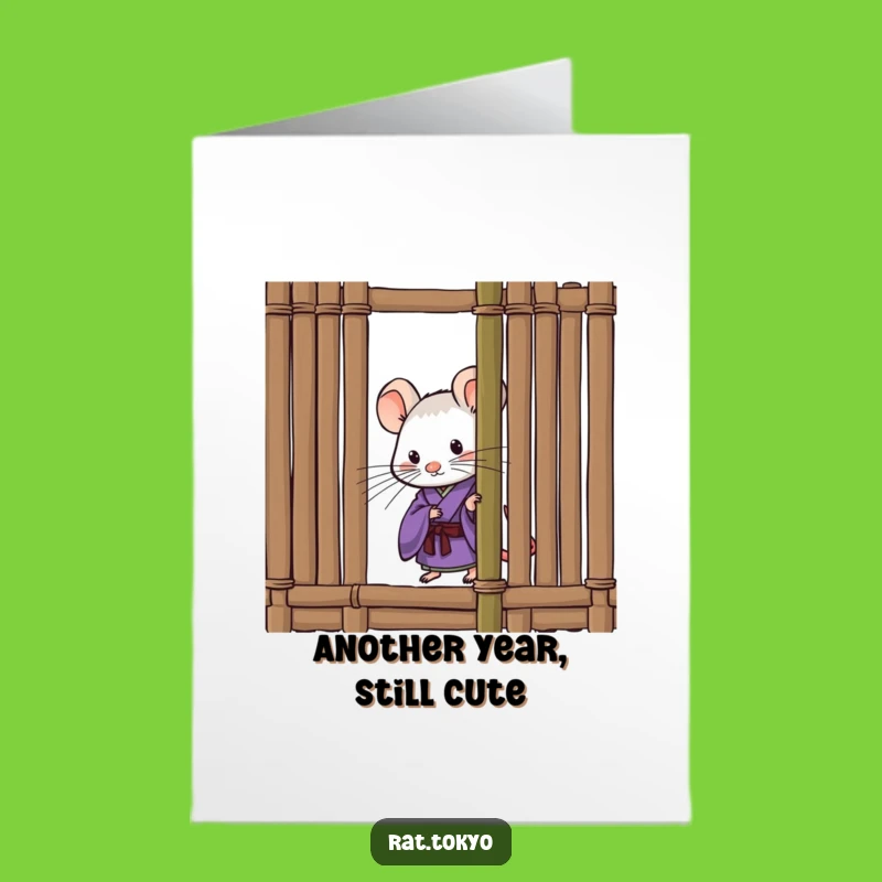 Free Printable Birthday Card: Curious Rat in Kimono Peeking Funny Downloadable Gift