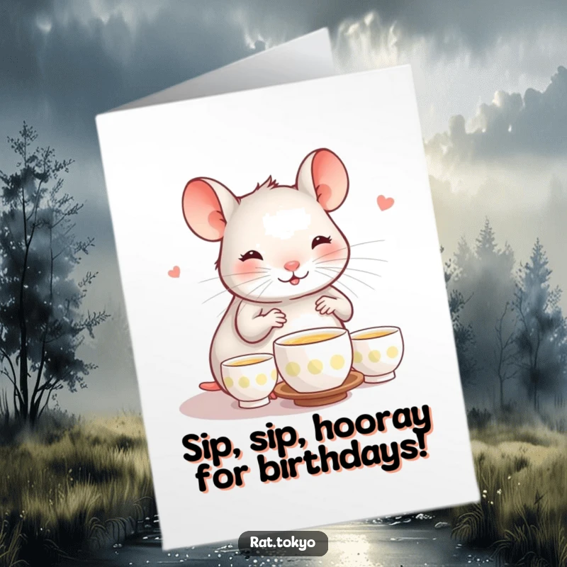 Funny Free Printable Birthday Card: A happy rat conducts a serene tea ceremony with miniature cups, celebrating a special day.